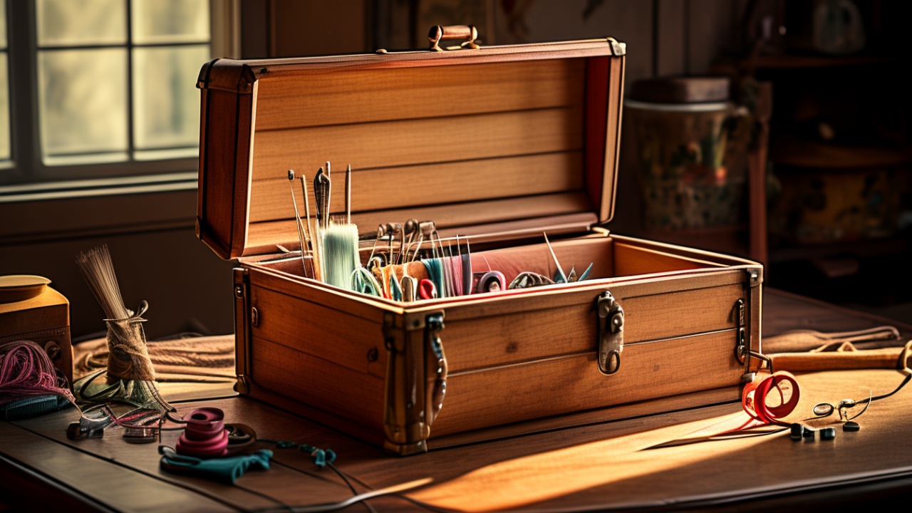 Caixa de costura com materiais organizados