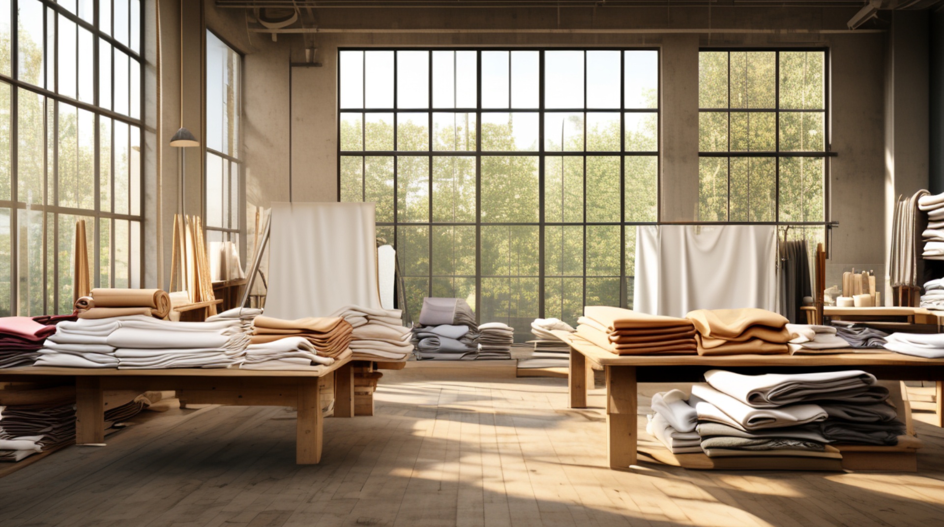 Espaco de atelier textil com materiais organizados